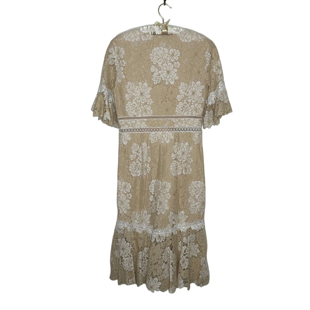 Saylor Maggy Lace Dress Size L Beige Ivory Flared Hemline Floral Deep V Neck - Picture 2 of 8